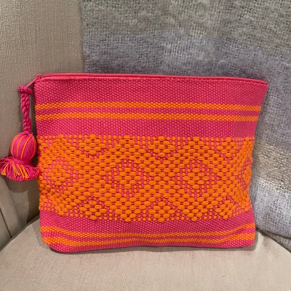 2-PACK SET HANDWOVEN PINK & ORANGE MAKE UP ACCESSORY BAGS 100% COTTON EXTERIOR - Picture 7 of 10